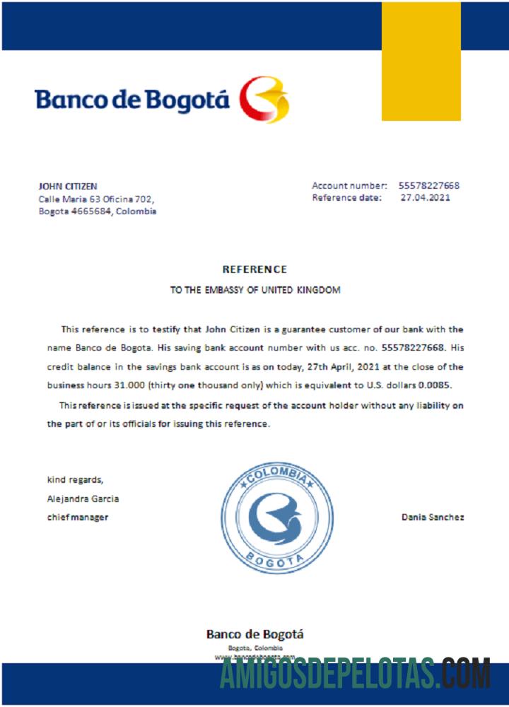 Referência Colômbia Banco De Bogotá exemplo real